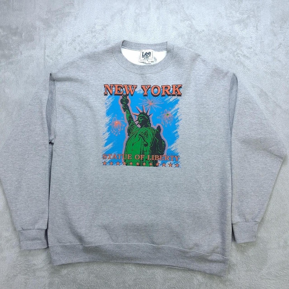 Vintage 90s Lee Sport New York Statue of Liberty Crewneck XL Sweatshirt Gray USA